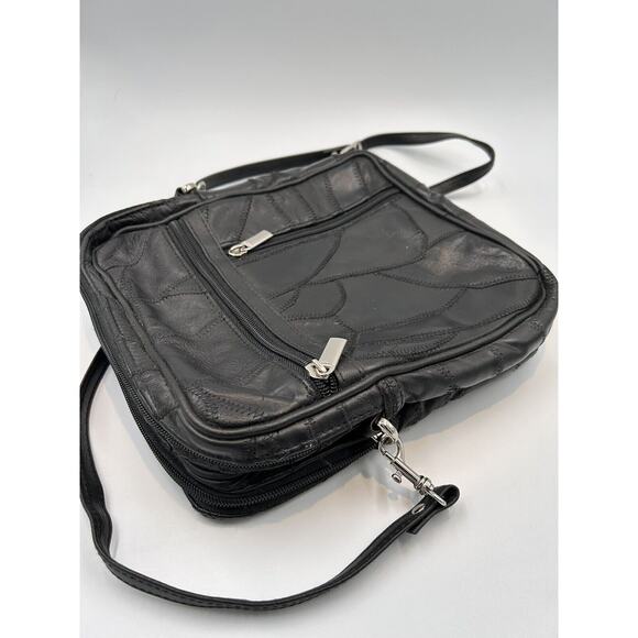 Vintage‎ Patch Leather Women Medium Black Crossbody Lined Sectional Shoulder Bag - Picture 2 of 11